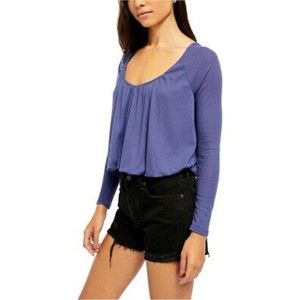 Free People NWT Bondi Thermal Long Sleeve Back Tie Scoop Neck Blue Medium New